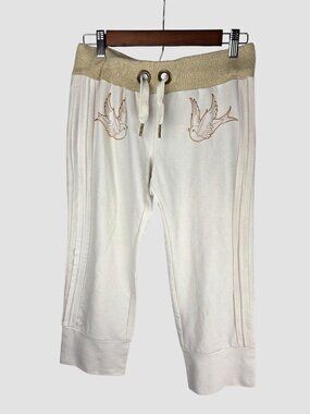 VTG Baby Phat Y2K Ivory Gold Glitter Capri Sweatpants Size M Embroidered Bird